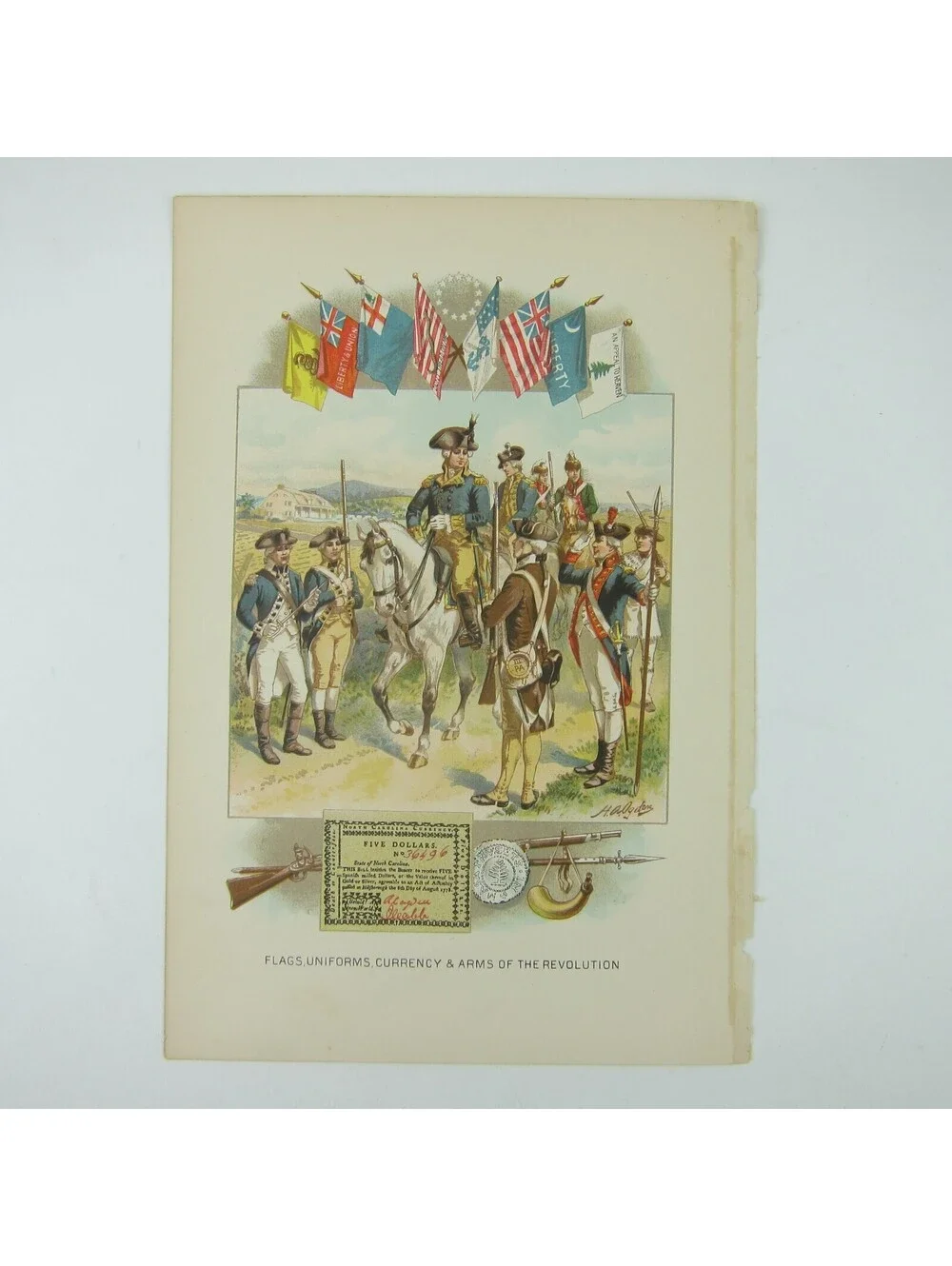 Chromolith Book Plate American Revolutionary War Flags Uniforms Antique 1890s